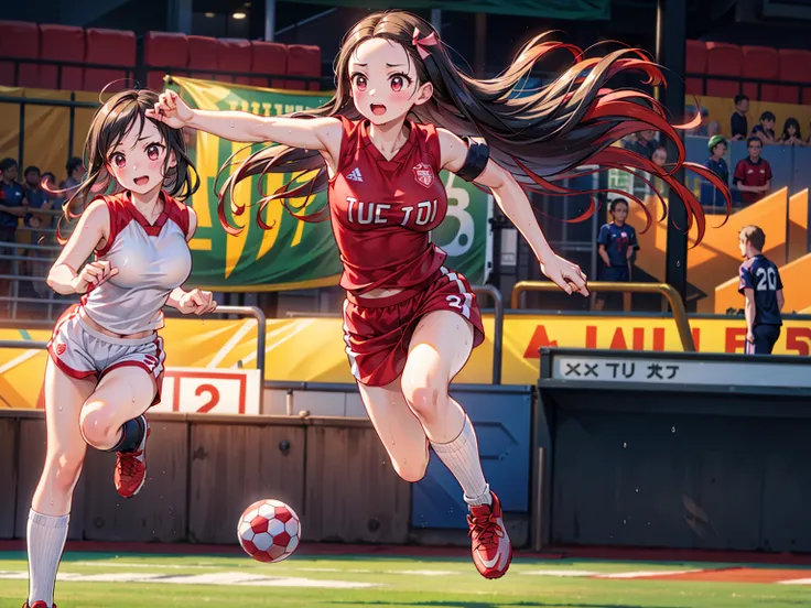 (8K, Raw photo, Best Quality, masutepiece:1.2), (Realistic, Photorealsitic:1.37),1 girl,Cute, ((Solo:1.5)),detailed face,running, kamado nezuko,red soccer Uniform,sleeveless vest,Look away,Sporty,shoot a soccerball,Wet skin,Sweat,Large breasts,slim Legs, (...