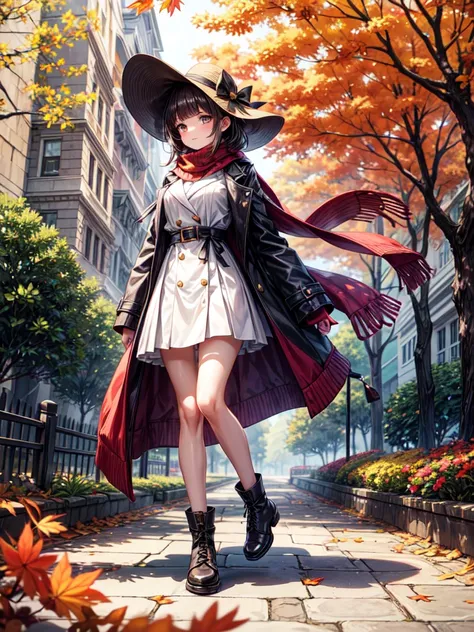 a beautiful young woman is waiting for a date on an autumn day, standing under a tree-lined path filled with falling red, orange...