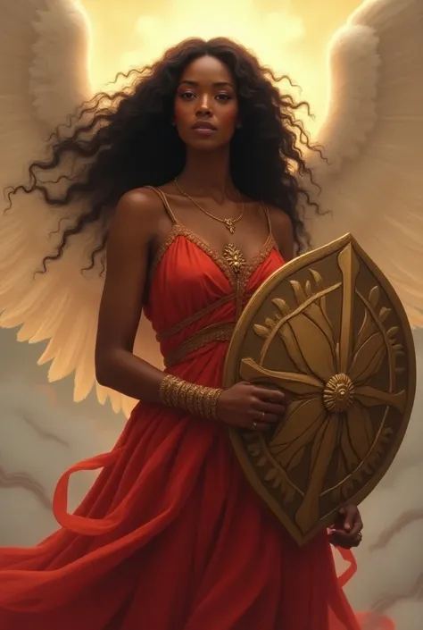  Create the image of a goddess of peace , She is black with lighter skin , Your hair is curly and long,  she wears red and holds a shield