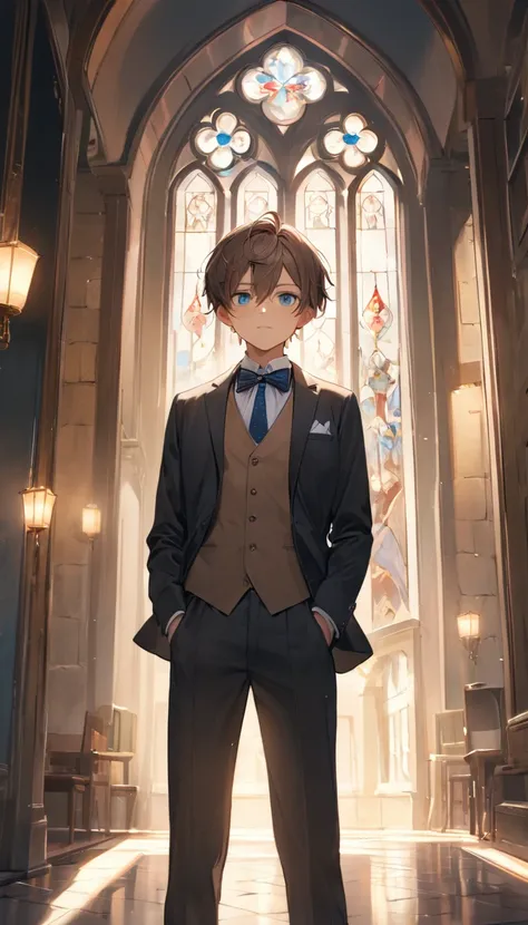 (masterpiece,, beautiful and aesthetically pleasing:1.2),(High Detail Skin:1.2),8K Ultra HD,, soft lighting ,high quality,Film Grain,((1 Boy,male)), alone,Brown hair,blue eyes,,Proud,Keep,bow,Keep ,daytime, High school aged boys,,, Dress with Suit,Light So...