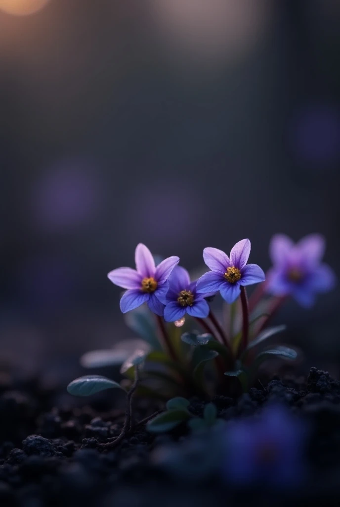 Little violets growing.the camera is slighty pinted down  .and there is almost no light