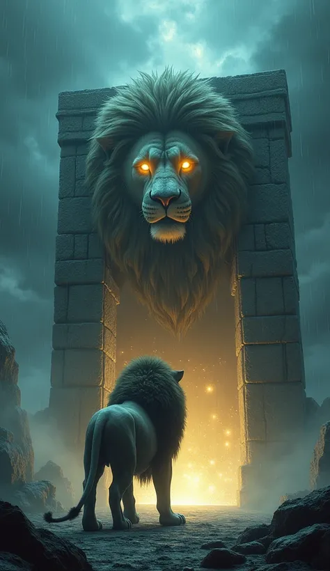  A colossal super gigantic lion with glowing eyes stands majestically in front of an ancient stone portal. The portal emits a mystical light ,  and its frame is adorned with arcane symbols . The gigantic lion stands guard ,  her sharp claws bursting into t...