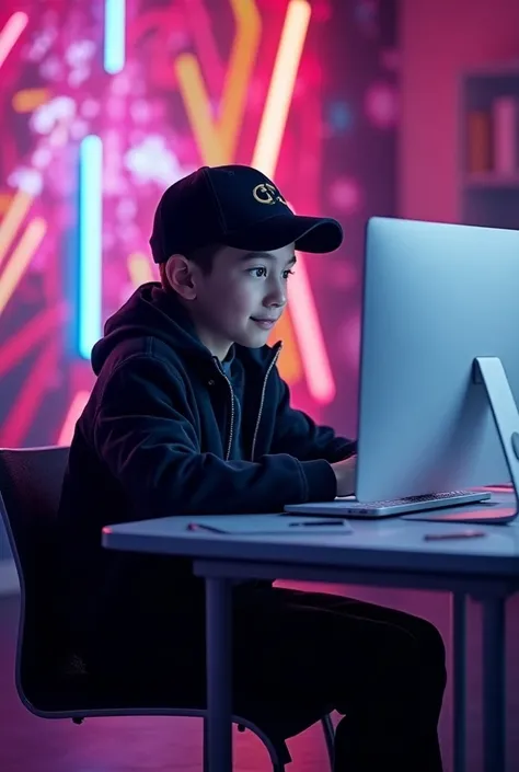 One boy study in table with computer and boy jacket black and computer colour white boy cap colour black and background neon with front 