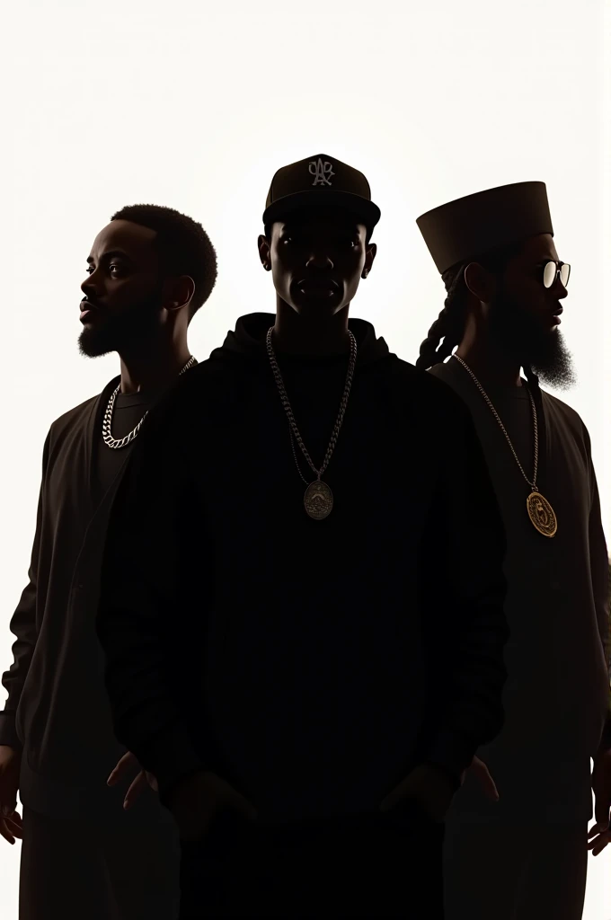 I want a silhoute of three rappers, all big , one is wearing a cap in the middle, anither has a fat head wearing a chain and another wearing a muslim small hat artwork should be titled "Dogo" creatively