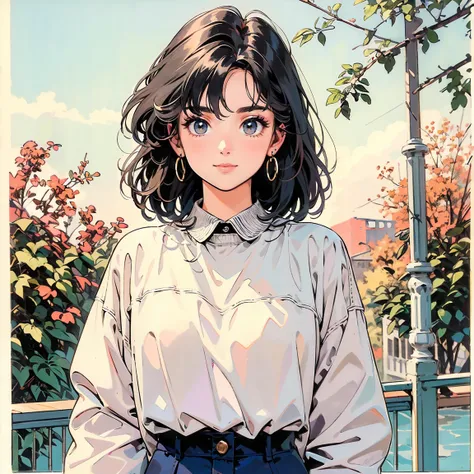 masterpiece, top quality, very detailed, absolute resolution, high resolution, Best quality, 8K, 1990s style, She is standing in nature during the fall season. She is looking straight at the camera with a big smile. The girl has bright images and styles. T...