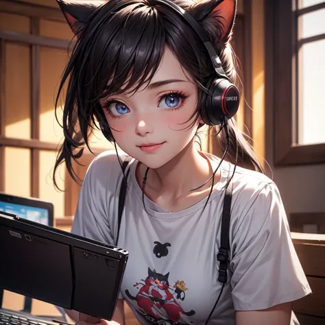 a very cute and beautiful girl is looking at the computer, (her beautiful face and eyes are very detailed), (her eyeballs are blue) (smile), cowboy shot, black hair, zettai ryouiki, (looking at the computer), detailed landscape, (best quality , masterpiece...