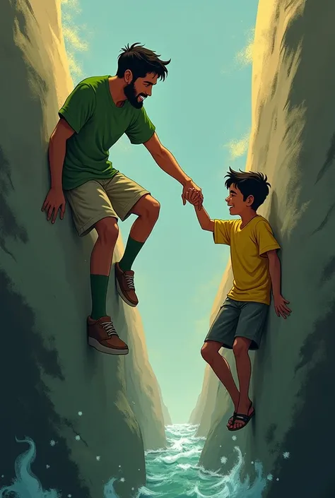 4. Scene 4: Toseer climbing down to help Haibat
Description:
Toseer, still in his green t-shirt and brown shorts, is now climbing down toward Haibat. His face shows a friendly, encouraging smile as he reaches out his hand to help Haibat. Haibat, in his yel...