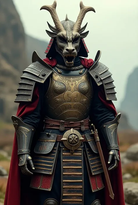 A fusion of complete Romano and samurai armor with dragon head.