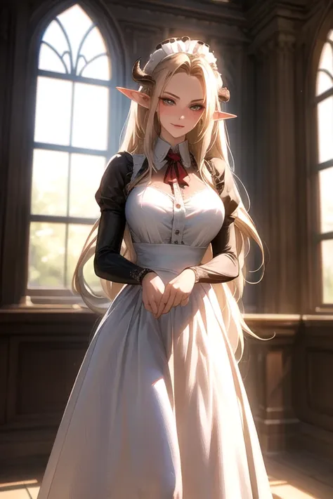 ((best quality)), ((Masterpiece)), (details:1.4), ((Enrich the picture，Masterpiece level quality)), Beautiful 8K CG artwork, 3d, HDR (high dynamic range), ne female adult elf with demon horns and dark blonde long hair and visible forehead wearing a beautif...