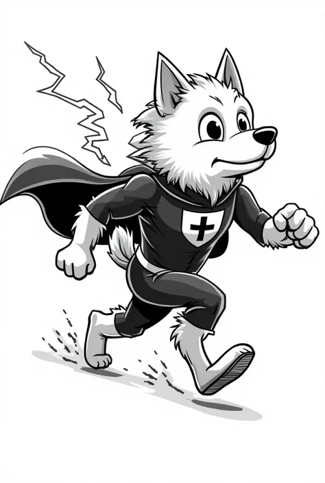 
"Conçois un logo en noir et blanc dans un style manga représentant un chien finnish lapphund vu de côté, courant à pleine vitesse, vêtu d’un costume de super-héros et entouré d’éclairs. Le chien porte une cape flottante derrière lui, ses mouvements accent...