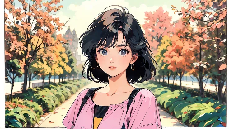 masterpiece, top quality, very detailed, absolute resolution, high resolution, Best quality, 8K, 1990s style, She is standing in nature during the fall season. She is looking straight at the camera with a big smile. The girl has bright images and styles. T...