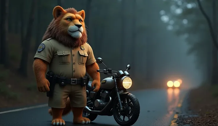 Create a 3d illustration realistic image of a anthropomorphic lion cub named sheru. The lion character is a police officer and dress colour khaki, with brown fluffy fur. Sherus motorcycle is parked on the roadside. the roadside in a dark, deserted area. "C...