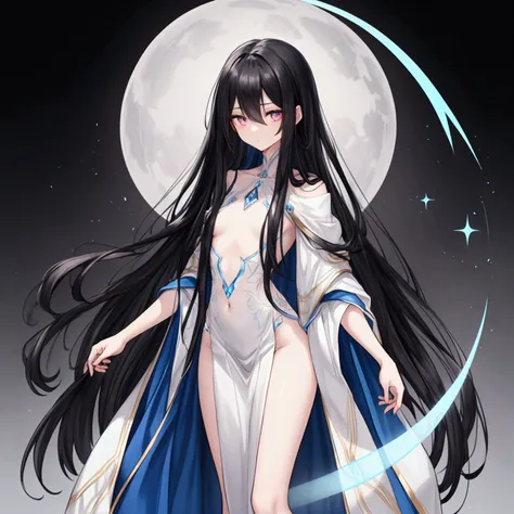 "a slender woman with long, flowing black hair, standing at 160 cm tall, weighing 45 kg, with a petite chest. her eyes are a sof...