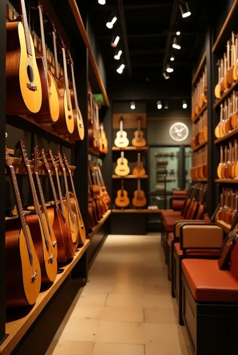  An instrument store in Venezuela that sells Cuatro Venezolano four strings, Show the inside of the store very chic with some things 