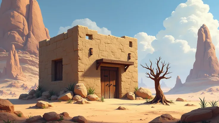 A stone building with a wooden door and window in a desert landscape, with a large rock formation in the background and a tree-like sculpture in the foreground