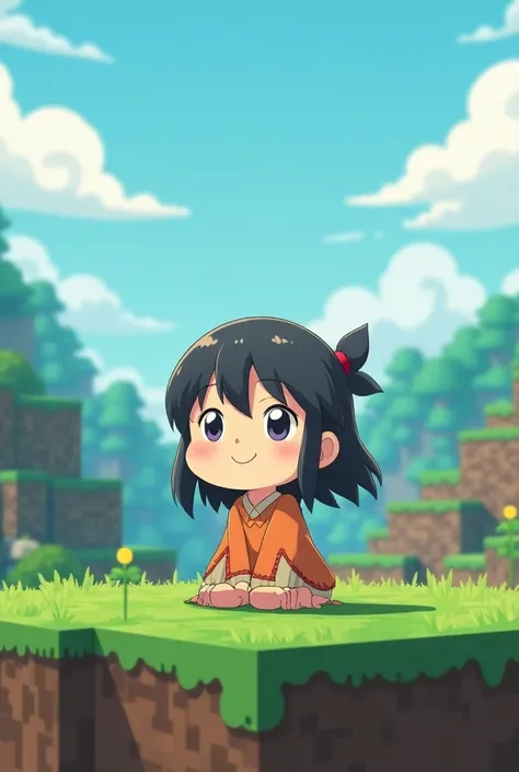 
An anime character from Ghibli Studios smiling with a Minecraft landscape in the backgroun