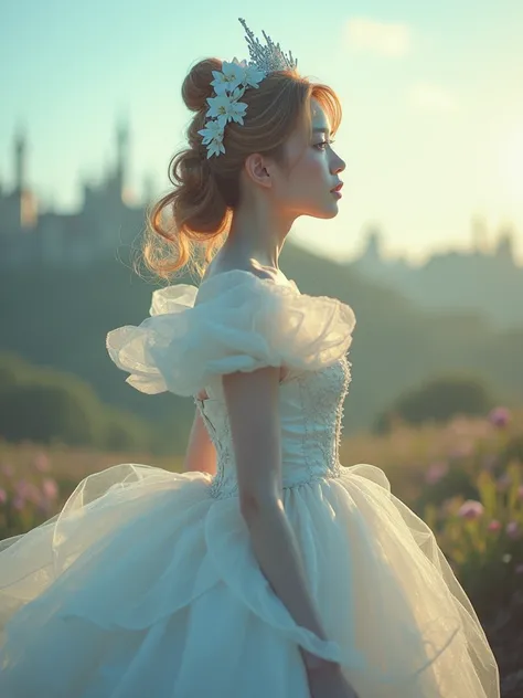 Dynamic Angle,  Japanese Women,  Blurred Background , Disneys fantasy world, Bokeh,  chromatic aberration , Bokeh, photograph_curly, Cosplay "Cinderella", Genuine, Alone,  horizon , Model-like, Incomplete details, Shooting with Leica, analog, : Artistic li...