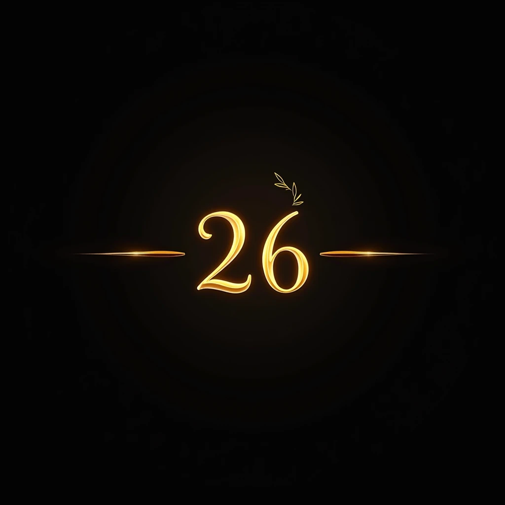  Black background with golden number 26 in calligraphy,  a golden cap on top of the number 2 , simple lines around  