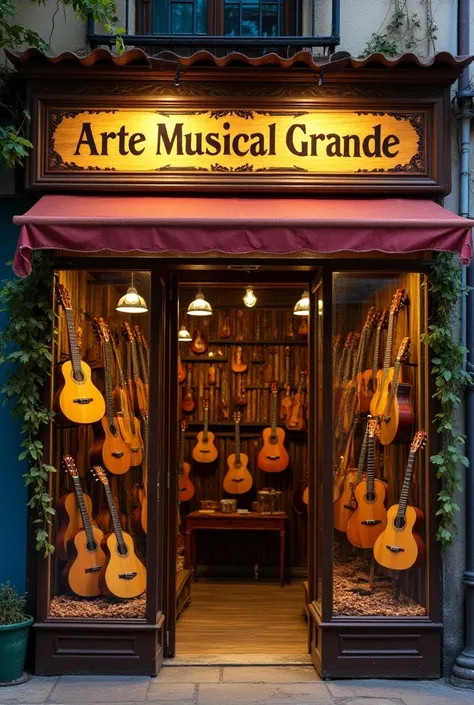  An instrument store in Venezuela that sells Cuatro Venezolano four strings, Show the outside with the name Arte Musical Grande and with Vitrine