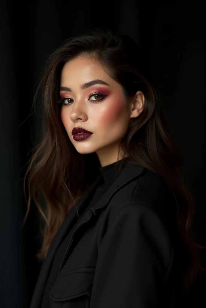  the integration between beauty and fashion .  A vibrant makeup that highlights the models outfit. Something natural with a dark background  