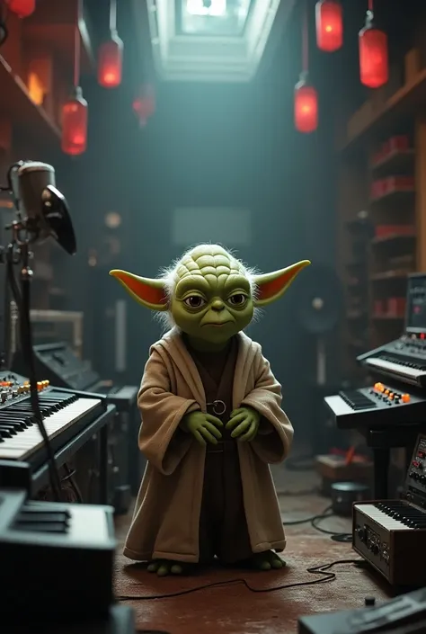  Yoda Babyproducing electronics in an MC book,  Yoda inside a musical studio filled with production equipment, Looking at the camera and seeing the future
