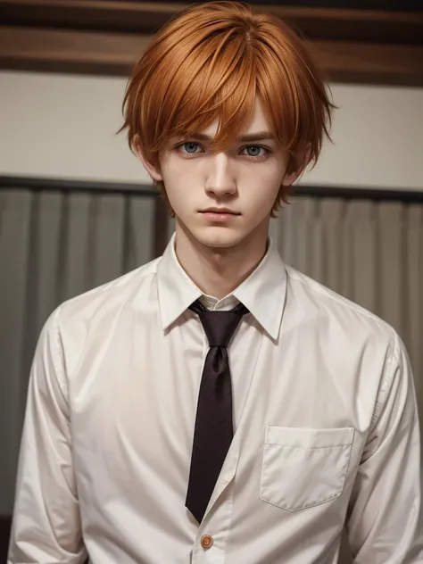 (best quality), 1boy, Male, 24 years old, young man, pale skin, orange hair, messy hair, messy bangs, bangs over eyes, short hair, brown eyes, perfect eyes, Denji, dark circles under eyes, lanky, tired, white shirt with tie, masterpiece, anatomically corre...