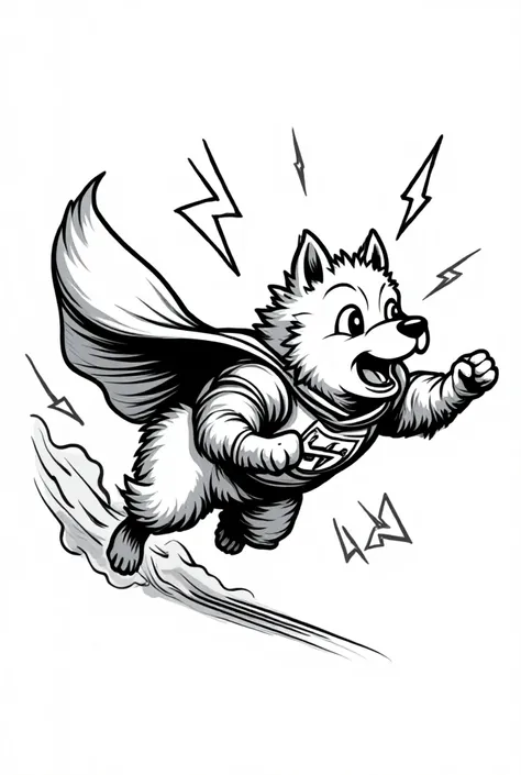 
"Conçois un logo en noir et blanc dans un style manga représentant un chien finnish lapphund noir et blanc vu de côté, courant à pleine vitesse, vêtu d’un costume de super-héros et entouré d’éclairs. Le chien porte une cape flottante derrière lui, ses mou...