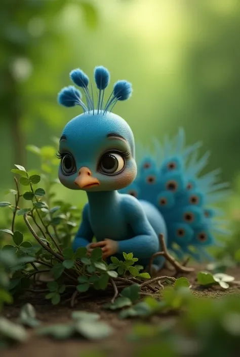 Caroonic image from far of sad and crying baby peacock stumbled and fell into a small bush. In 3d animation 