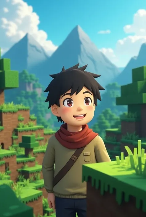 An anime character from Ghibli studios man smiling with a Minecraft landscape in the background