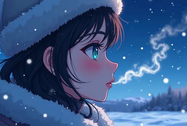 beautiful, masterpiece, detailed, best quality, (anime drawing), woman, side view, very close up, winter clothing, pursed lips, snowing, late night, beautiful starry sky background, blushing, ((lots of visible semitransparent cloudy breath blown from mouth...