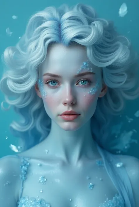 Woman with a fluid and elegant appearance , com tons de pele que variam do azul-claro ao White-perolado.  Your eyes often reflect the colors of the ocean ,  with depth and a natural glow . Your hair has a lot of curly curls and may have colors associated w...