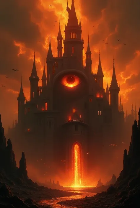 A dark fantasy scene of a towering castle in fire, its intricate architecture glowing ominously against a fiery orange and red sky. From the center of the castle, a massive, glowing flaming lava eye stares out, with molten lava spilling down its walls. Sha...