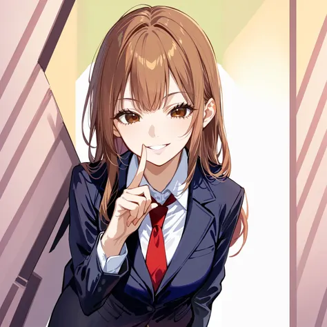 ear_rings, black suit, index finger on lips, (((business smile))), (((1girl))), short pony_tail, black hair, black pants, white_shirt , black eyes, (((narrow eyes))), wine red neck_tie, front_view, empty_bg