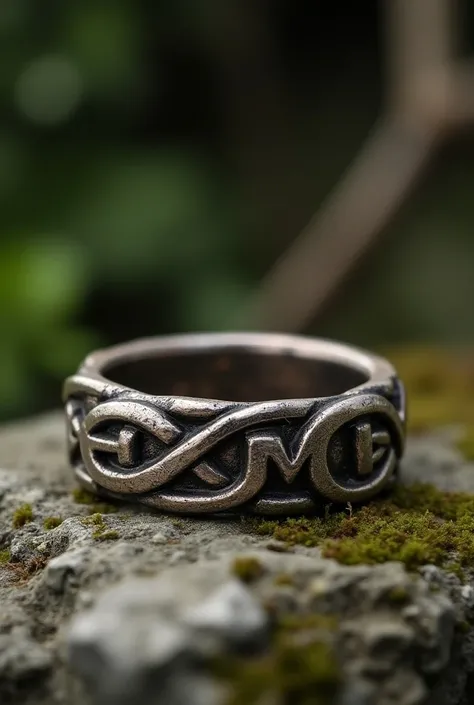 Rustic Celtic style wedding ring carved combining the letter E and the letter M 