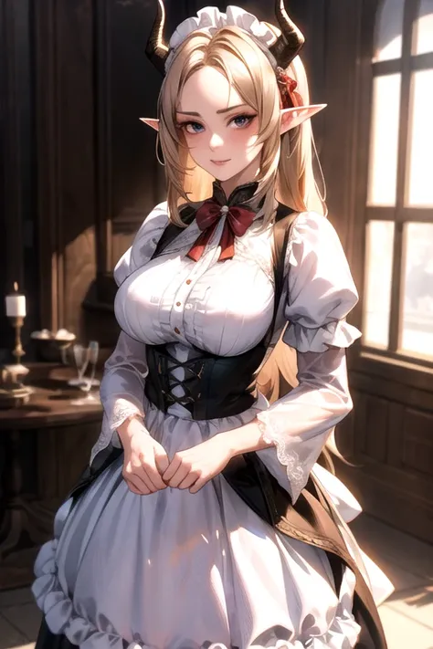 ((best quality)), ((Masterpiece)), (details:1.4), ((Enrich the picture，Masterpiece level quality)), Beautiful 8K CG artwork, 3d, HDR (high dynamic range), ne female adult elf with demon horns and dark blonde long hair and visible forehead wearing a beautif...