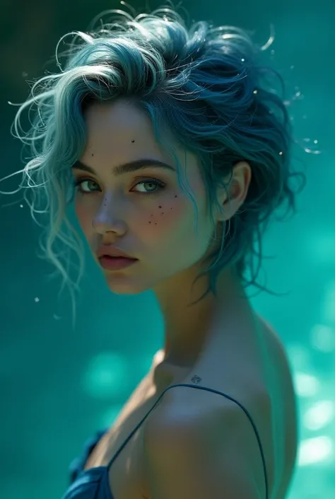 Tanned woman with a fluid and elegant appearance ,  with skin tones that range from light blue to navy green .  Your eyes often reflect the colors of the ocean ,  with depth and a natural glow .  Her hair is frizzy and may have colors associated with water...