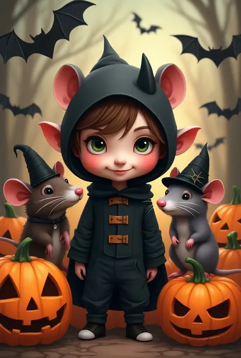  I need to make a Halloween poster .
A white-skinned boy ,  wavy brown hair above the ears , greenish brown eyes,  disguised as a demon .
 Three rats around him :  a large dark brown and white Dumbo rat ,  with black eyes and with a witchs hat ;  a gray on...