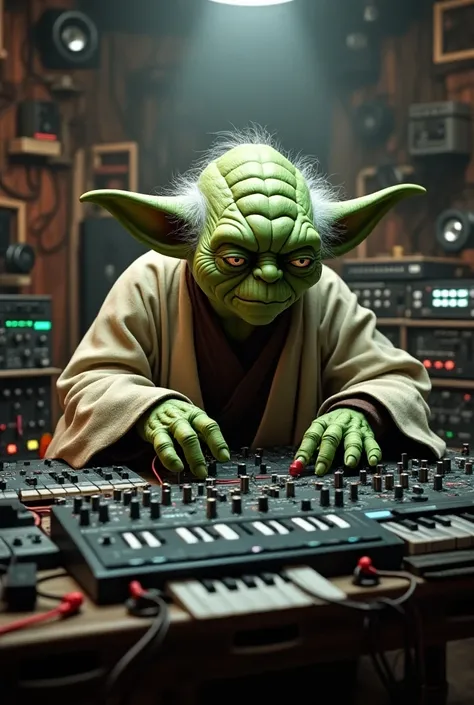  Yoda Babyproducing electronics in an MC book,  Yoda inside a musical studio filled with production equipment, Room full of equipment Yoda very large looking from the front super high