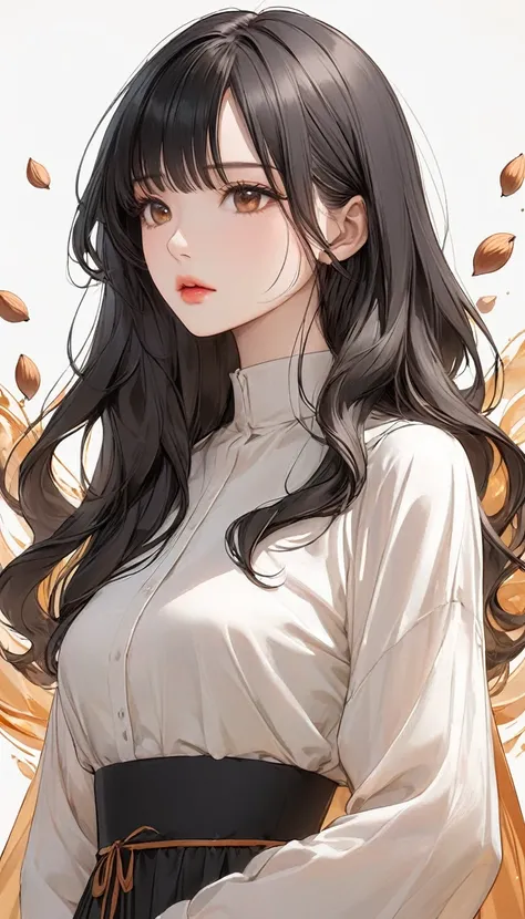 A waist-up view of a 25-year-old anime-style woman. Her long, black hair is styled in a half-up, half-down look, with loose waves cascading over her shoulders. She has a symmetrical face with almond-shaped, warm amber eyes, giving a calm, serene expression...