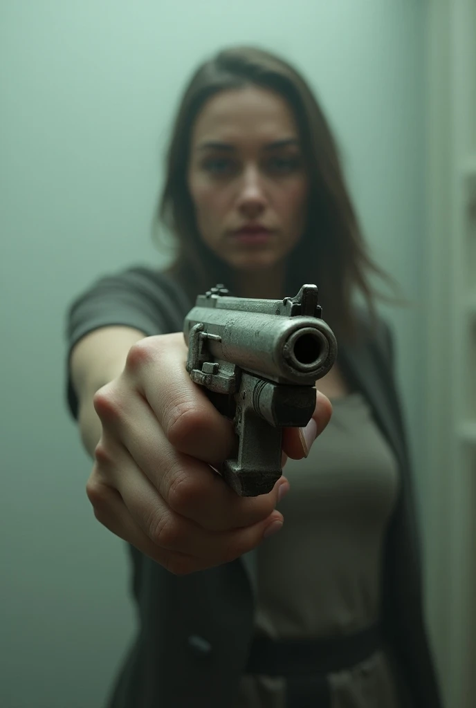 a womans hand holds a gun with the barrel in the shape of a heart