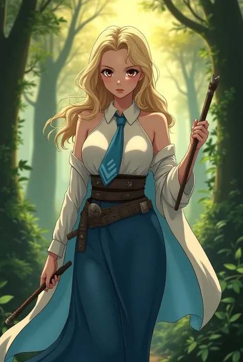 Anime style A sexy explorer with blond hair a little lower than her shoulders, huge breasts and brown eyes ,  is in a forest of tall and lush trees .  She wears a low-cut blouse, a long skirt in deep blue with a subtle pattern of silver feathers that repre...