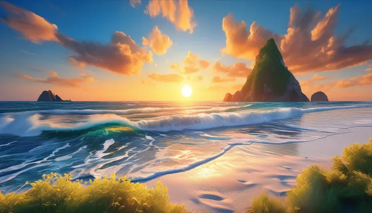 The background of the picture is peaceful by the sunset sea, and the sun was shining brightly, The waves crash against the beach, colorfyl Flowers bloom on the beach, Melodious sound, Strange clouds stand out, first-person view, panorama, UHD,(Best Quality...