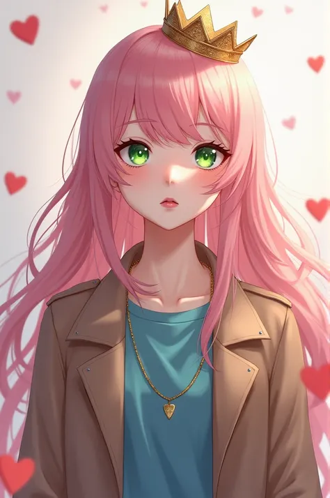 Long pink haired girl, shy, brown jacket, golden crown, green eyes, blue shirt, hearts