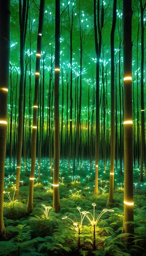 A forest of metallic trees whose leaves glow with light circuits, while tiny insect drones fly around, pollinating the plants that exchange data with each other instead of nutrients.