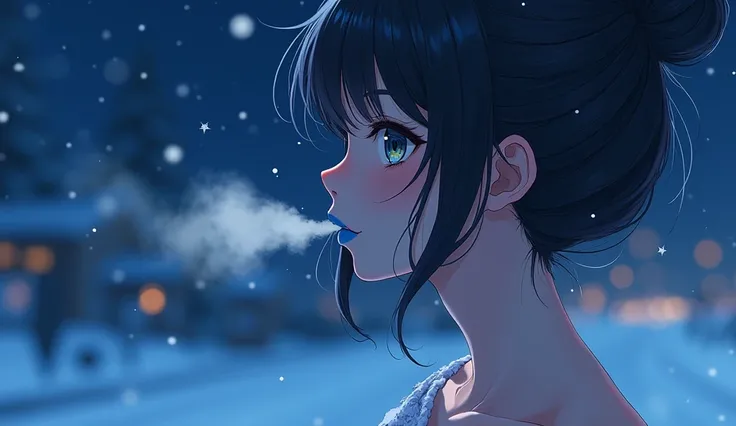 beautiful, masterpiece, detailed, best quality, (anime drawing), woman, side view, very close up, off-shoulder dress, pursed lips, open mouth, snowing, late night, blushing, ((lots of visible semitransparent cloudy breath blown from mouth), blowing, visibl...