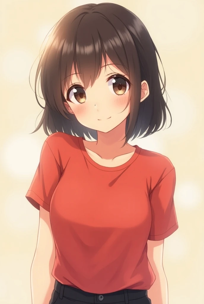 Make an anime girl ,wearing a red t shirt and a black lower, smile 1:3 she is 18 years old 