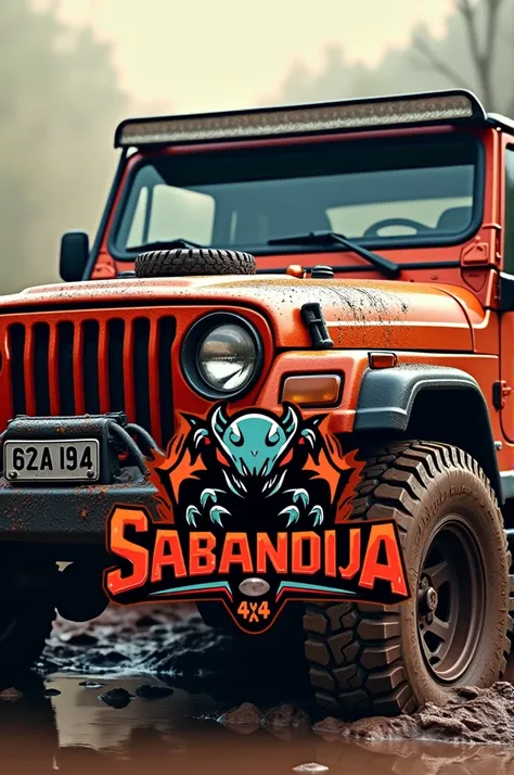 TEAM SABANDIJA 4X4 logo with the background of a Jeep xj full of mud 