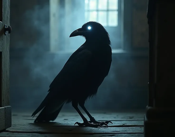 dark and sinister crow on the side looking at the camera with its white eye shining inside an old wooden room with thick and strong fog,