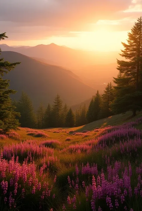 top-quality、Top image quality、The 8k quality、Scotland Sunset、(((Cairngorms highland))). trees. flowers, soft color