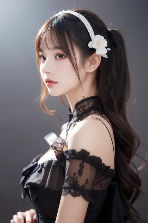 Perfect Anatomy、Highest quality、Masseter region、Very detailed、8ｋ、Accurate depiction of the human body、Whole body angle、Delicately painted face、１４talent、Woman with beautiful face、Gothic Lolita Fashion、Black Gothic Fashion、Black and white outfit、Beautiful si...